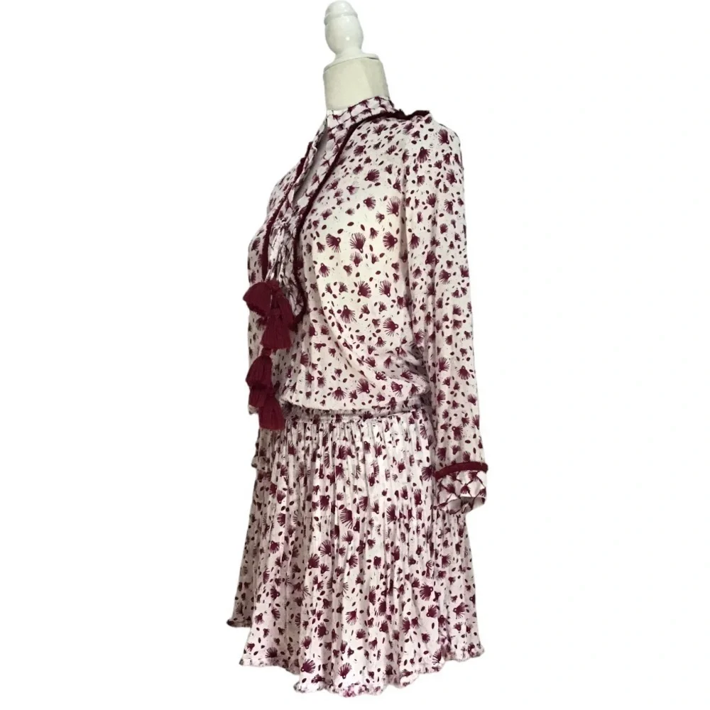 POUPETTE ST BARTH Donna Tunica Mini Dress in Rayon Georgette Print Purple Tassel - Picture 5 of 11
